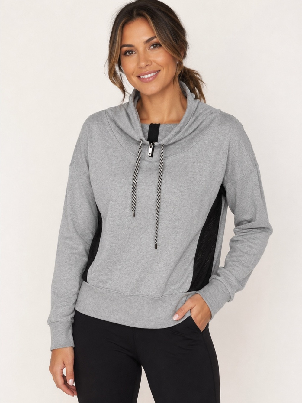 Lucy | cowl neck 1/4 zip mesh back grey pullover Sz M